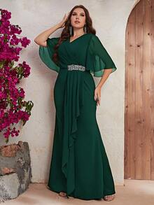 YISIKADO Talla grande Vestido con diseño de diamante de imitación de manga mariposa con fruncido lateral bajo sirena - Verde Oscuro - Ver 5