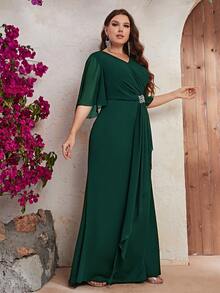 YISIKADO Talla grande Vestido con diseño de diamante de imitación de manga mariposa con fruncido lateral bajo sirena - Verde Oscuro - Ver 6