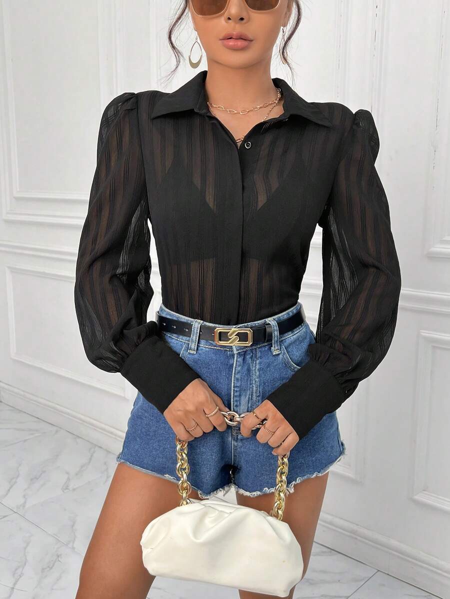 SHEIN Privé 素色前紐扣襯衫不附文胸 - 黑色 - 查看 1