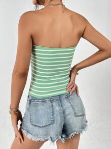 SHEIN Essnce Áo nữ Gân đan Thắt nơ trước Sọc Giải trí - Màu xanh Bạc hà - Xem 3