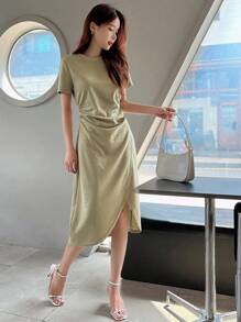 DAZY Vestido bajo cruzado unicolor fruncido - Verde - Ver 1