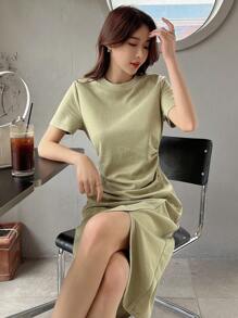 DAZY Vestido bajo cruzado unicolor fruncido - Verde - Ver 3