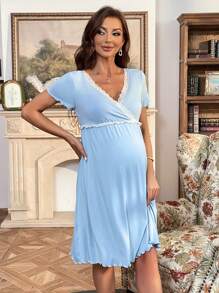 SHEIN Váy Bà bầu Tương phản ren Trọn gói Xù nhỏ màu trơn Giải trí - Màu xanh nhạt - Xem 5