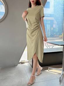 DAZY Vestido bajo cruzado unicolor fruncido - Verde - Ver 4