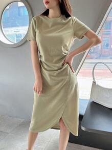 DAZY Vestido bajo cruzado unicolor fruncido - Verde - Ver 8