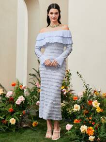 Modelyn Off Shoulder Ruffle Trim Flounce Sleeve Dress - Dusty Blue - View 5