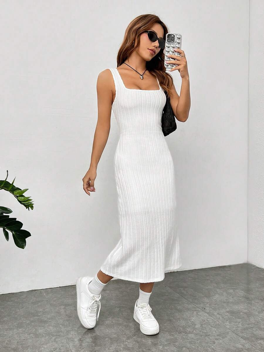 Muchica Solid Ribbed Knit Tank Dress - White - View 1