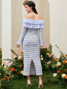 Modelyn Off Shoulder Ruffle Trim Flounce Sleeve Dress - Dusty Blue - View 2