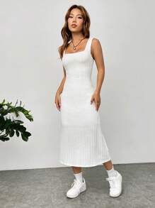 Muchica Solid Ribbed Knit Tank Dress - White - View 5