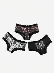 ROMWE Grunge Punk 3pack Skull Graphic Contrast Lace Panty Set - Multicolor - View 5