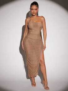 SHEIN SXY One Shoulder Split Thigh Mesh Dress - Camel - View 1