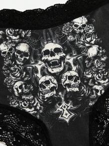 ROMWE Grunge Punk 3pack Skull Graphic Contrast Lace Panty Set - Multicolor - View 4
