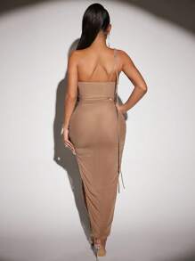 SHEIN SXY One Shoulder Split Thigh Mesh Dress - Camel - View 2