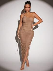 SHEIN SXY One Shoulder Split Thigh Mesh Dress - Camel - View 3