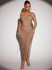SHEIN SXY One Shoulder Split Thigh Mesh Dress - Camel - View 4