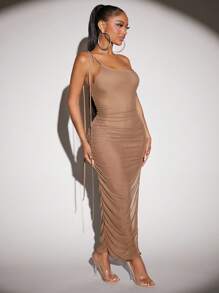 SHEIN SXY One Shoulder Split Thigh Mesh Dress - Camel - View 5