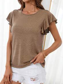 SHEIN LUNE Áo thun nữ Xù màu trơn Giải trí - Màu be - Xem 4