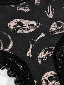 ROMWE Goth 3 piezas Set bragas con estampado de cráneo con encaje en contraste - Multicolor - Ver 3