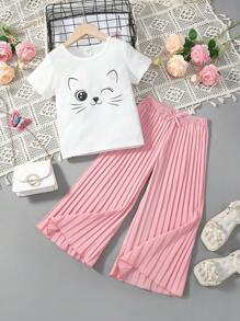 SHEIN Bộ thời trang bé gái Nơ Bướm Xếp li Hoạt hình Giải trí - Nhiều màu - Xem 1