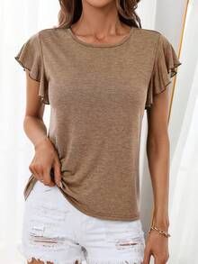 SHEIN LUNE Áo thun nữ Xù màu trơn Giải trí - Màu be - Xem 6