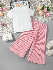 SHEIN Bộ thời trang bé gái Nơ Bướm Xếp li Hoạt hình Giải trí - Nhiều màu - Xem 2