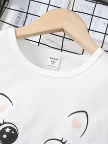 SHEIN Bộ thời trang bé gái Nơ Bướm Xếp li Hoạt hình Giải trí - Nhiều màu - Xem 3