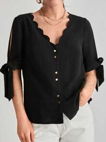 SHEIN Frenchy Áo sơ mi nữ Thắt nút Sò điệp Nút phía trước màu trơn Giải trí - màu đen - Xem 1