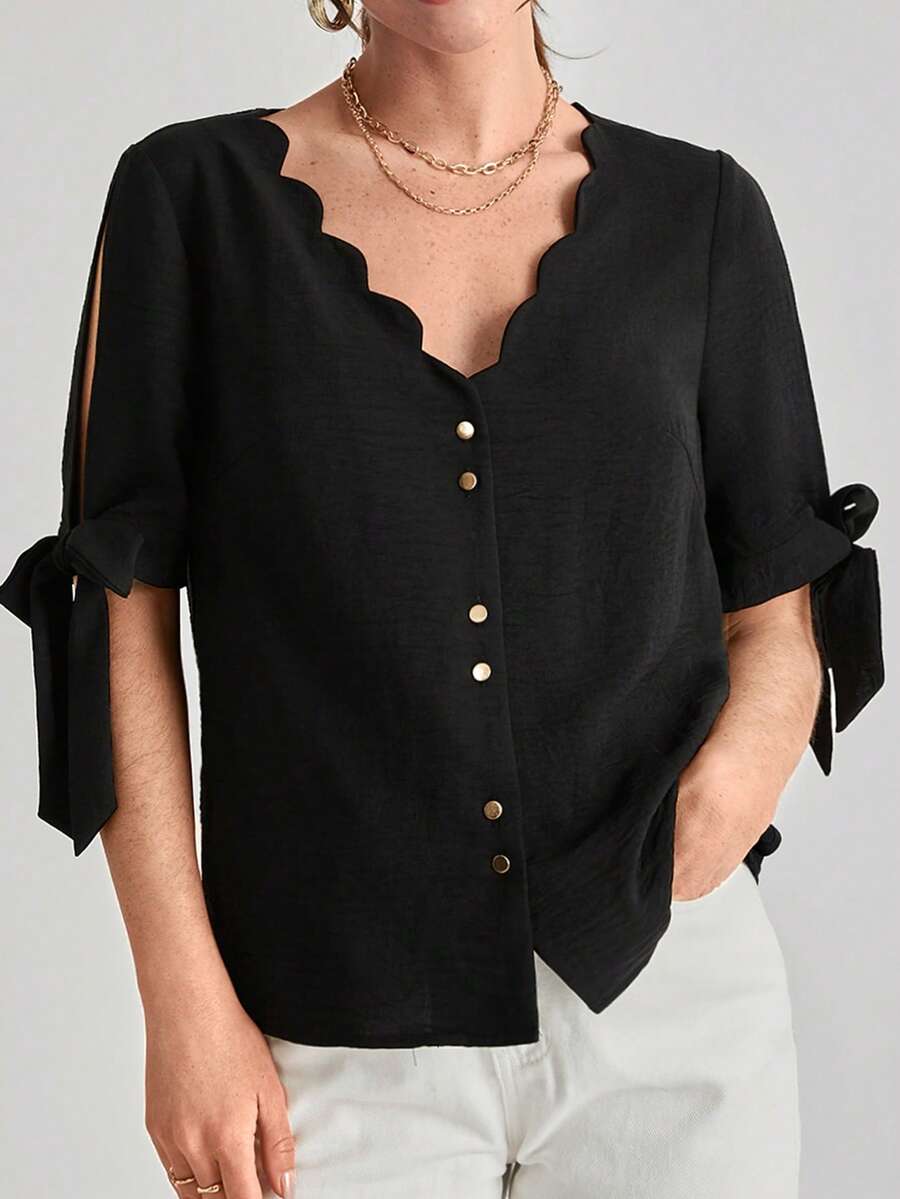 SHEIN Frenchy Áo sơ mi nữ Thắt nút Sò điệp Nút phía trước màu trơn Giải trí - màu đen - Xem 1