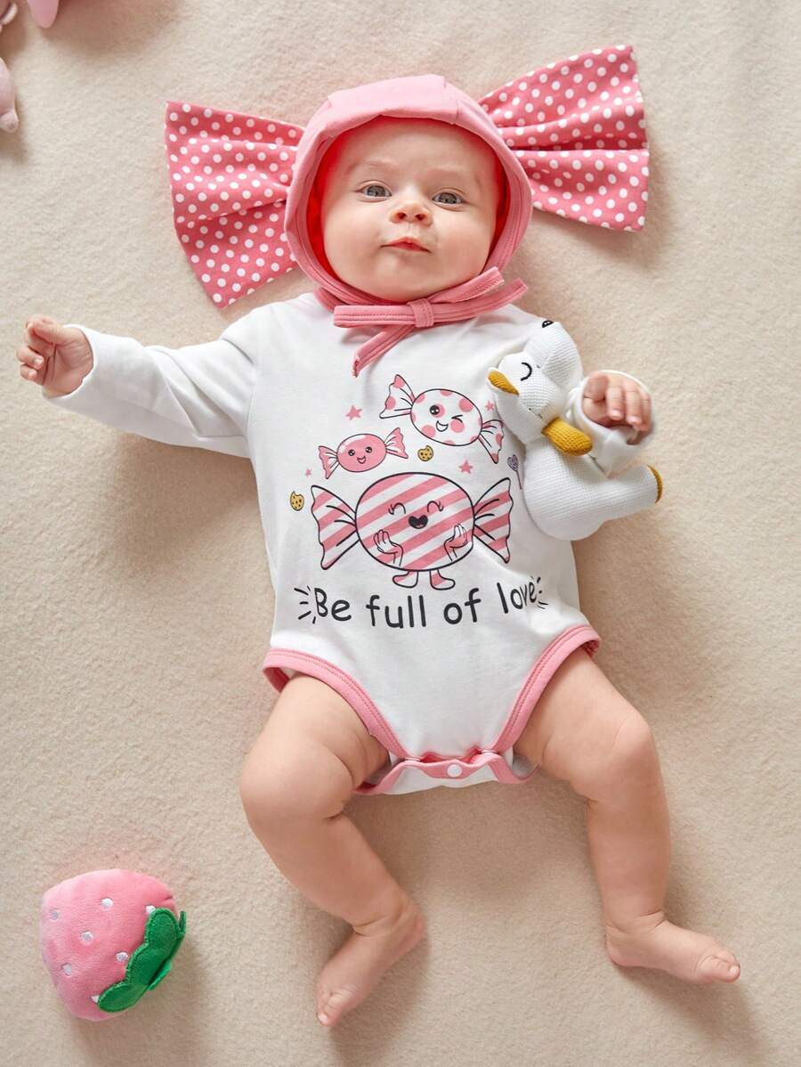 SHEIN 新生女嬰粉色可愛圓點糖果形狀衣服和帽子套裝 - 彩色 - 查看 1