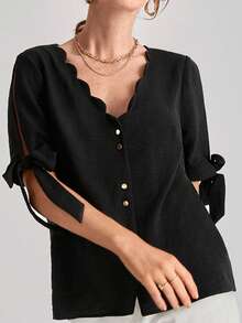 SHEIN Frenchy Áo sơ mi nữ Thắt nút Sò điệp Nút phía trước màu trơn Giải trí - màu đen - Xem 3