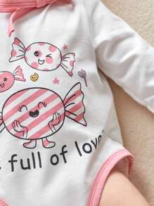 SHEIN 新生女嬰粉色可愛圓點糖果形狀衣服和帽子套裝 - 彩色 - 查看 3