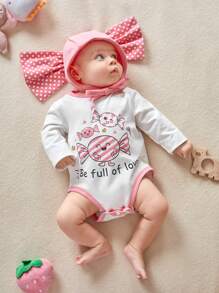 SHEIN 新生女嬰粉色可愛圓點糖果形狀衣服和帽子套裝 - 彩色 - 查看 4