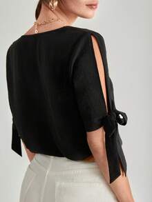 SHEIN Frenchy Áo sơ mi nữ Thắt nút Sò điệp Nút phía trước màu trơn Giải trí - màu đen - Xem 6