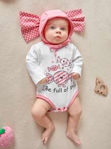 SHEIN 新生女嬰粉色可愛圓點糖果形狀衣服和帽子套裝 - 彩色 - 查看 5