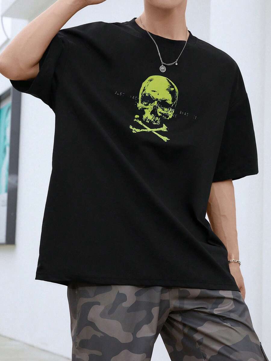 Manfinity Hypemode 男士骷髅頭圖案T恤 - 黑色 - 查看 1