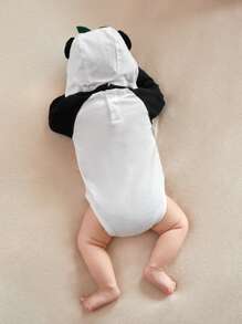 SHEIN Recién nacido Bebé niño, informal, cómodo, a la moda y simplista, suave y lindo, estampado de panda en blanco y negro, mono de manga larga con sombrero de decoración de orejas 3d, ropa de estilo de bebé 2 piezas/set - Blanco y Negro - Ver 2