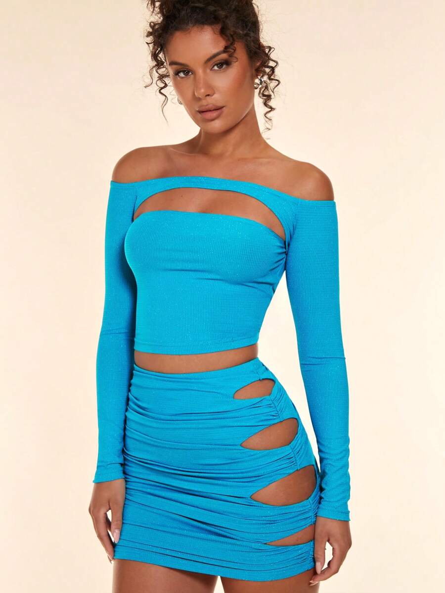 SHEIN BAE Off Shoulder Cut Out Front Crop Tee - Mint Blue - View 1