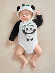 SHEIN Recién nacido Bebé niño, informal, cómodo, a la moda y simplista, suave y lindo, estampado de panda en blanco y negro, mono de manga larga con sombrero de decoración de orejas 3d, ropa de estilo de bebé 2 piezas/set - Blanco y Negro - Ver 4