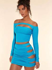SHEIN BAE Off Shoulder Cut Out Front Crop Tee - Mint Blue - View 6