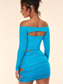 SHEIN BAE Off Shoulder Cut Out Front Crop Tee - Mint Blue - View 2