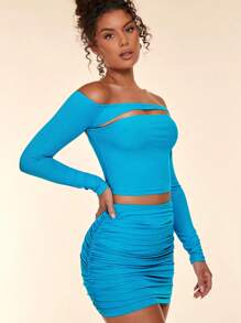 SHEIN BAE Off Shoulder Cut Out Front Crop Tee - Mint Blue - View 7