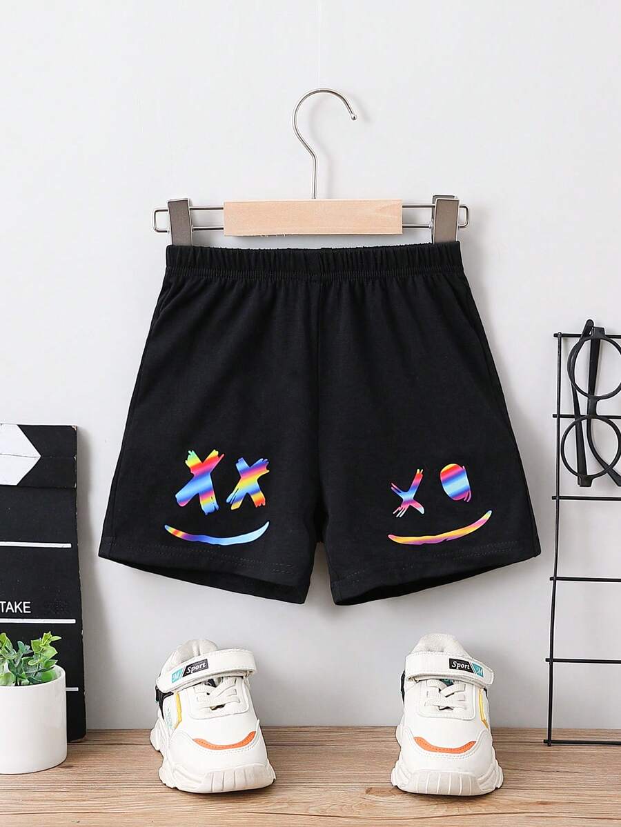 SHEIN Toddler Boys Expression Print Shorts - Black - View 1