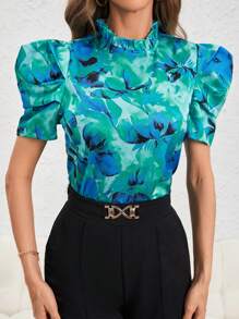 SHEIN Privé Allover Floral Print Puff Sleeve Frill Trim Mock Neck Blouse - Multicolor - View 1