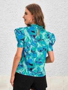 SHEIN Privé Allover Floral Print Puff Sleeve Frill Trim Mock Neck Blouse - Multicolor - View 2