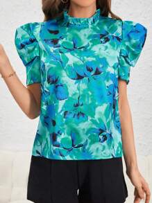 SHEIN Privé Allover Floral Print Puff Sleeve Frill Trim Mock Neck Blouse - Multicolor - View 5