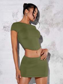 SHEIN BAE Solid Backless Crop Tee & Bodycon Skirt - Army Green - View 4