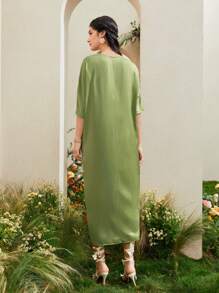 Al Najma Floral Print Drawstring Ruched Dress Kaftan Jalabiya Dress - Olive Green - View 2