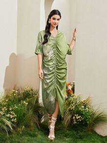 Al Najma Floral Print Drawstring Ruched Dress Kaftan Jalabiya Dress - Olive Green - View 1