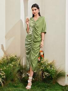 Al Najma Floral Print Drawstring Ruched Dress Kaftan Jalabiya Dress - Olive Green - View 4