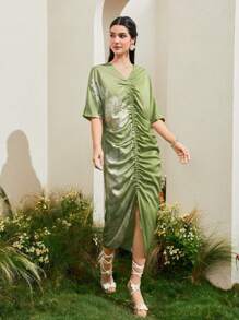 Al Najma Floral Print Drawstring Ruched Dress Kaftan Jalabiya Dress - Olive Green - View 5